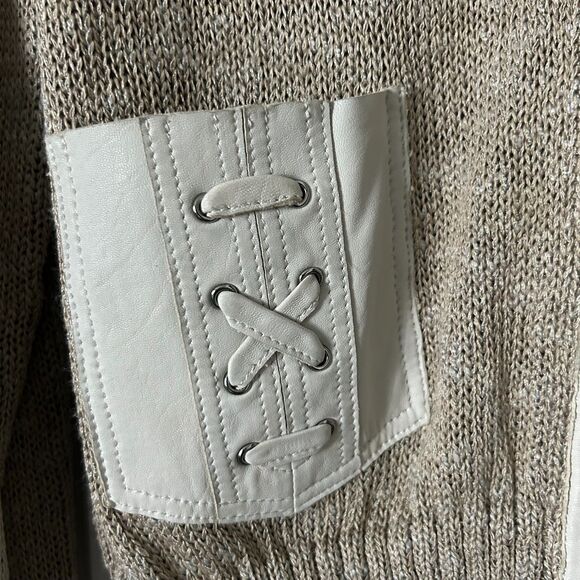 St. John Knit Zip Up Cardigan Tan Linen Silk Wool Blend Leather Pockets Size Med - Picture 3 of 7